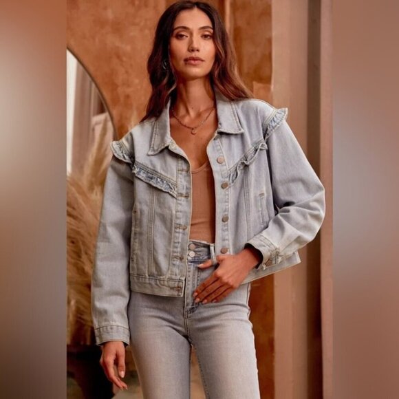 Andree by Unit Savanna Jane Ruffle Girly Relaxed Fit Light Wash Denim Jacket - Picture 2 of 11
